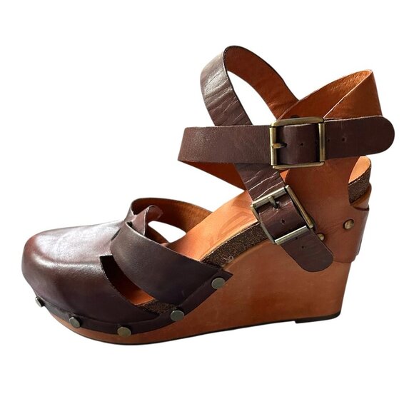 OTBT Brown Ankle Strap Closed Toe Clog Wedges  US 9/9.5 - Picture 2 of 7